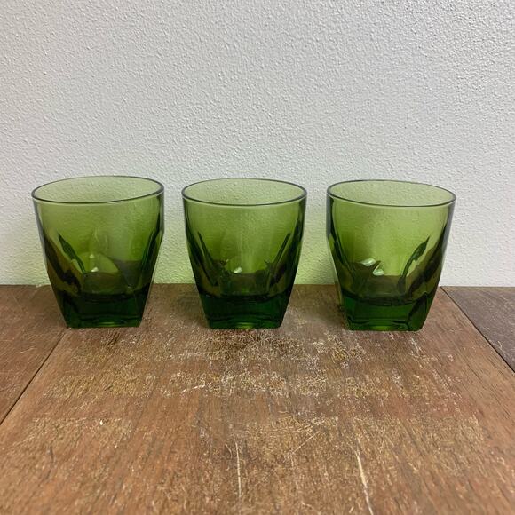 Set of 3 Hazel Atlas Colony Avocado Green Square base Scotch‎ Drinking glasses - Picture 1 of 8